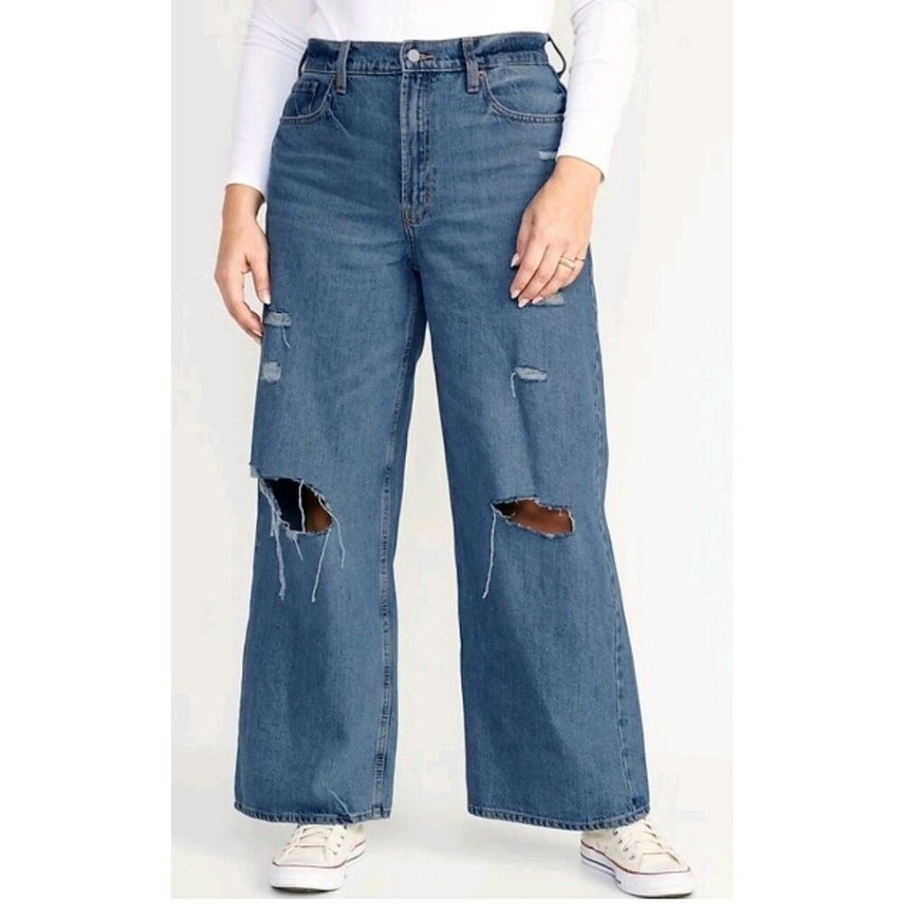 Old Navy Extra-High Rise Baggy‎ Wide Leg Distressed Medium Wash Jeans 10